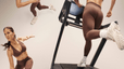 Composite image of a woman in brown athletic wear demonstrating running, a treadmill workout, and a dumbbell exercise.