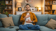  A man sitting on the couch at home with his hands on his chest and belly, practicing a loving-kindness meditation.