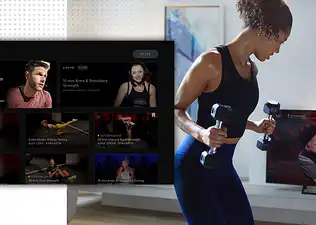 Peloton app strength page and lady training in front of television