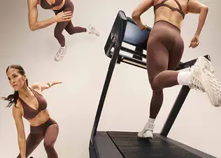Composite image of a woman in brown athletic wear demonstrating running, a treadmill workout, and a dumbbell exercise.