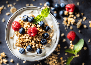 Yogurt bowl with raspberries, blueberries, and oats