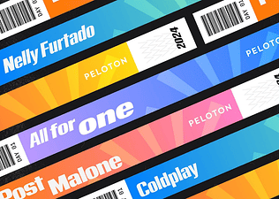 Peloton All for One "wristbands" that say Billie Eilish, Nelly Furtado, Post Malone, and Coldplay.