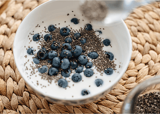 A bowl of yogurt with blueberries and chia seeds