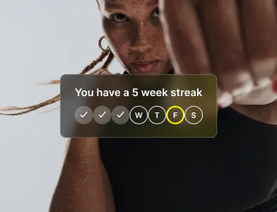 Screen showing “You have a 5 week streak” with days of the week displayed. Monday through Wednesday checked off in purple