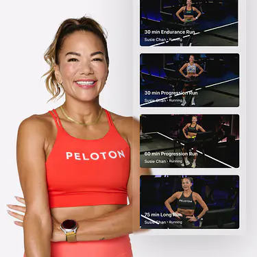 Peloton instructor Becs Gentry smiling while wearing a teal cropped tank top and maroon leggings.