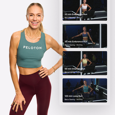 Peloton instructor Becs Gentry smiling while wearing a teal cropped tank top and maroon leggings.