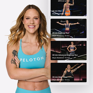 Smiling woman in dark blue Peloton workout gear standing next to class thumbnails featuring Kirsten Ferguson.