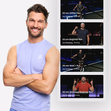 Smiling woman in dark blue Peloton workout gear standing next to class thumbnails featuring Kirsten Ferguson.