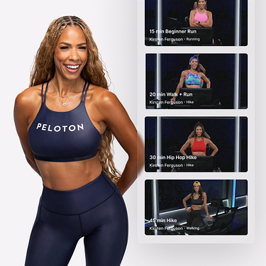 Smiling woman in dark blue Peloton workout gear standing next to class thumbnails featuring Kirsten Ferguson.
