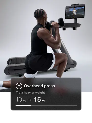 A man performs a lunge with dumbbells in front of a Peloton Row+. Overlay suggests “Try a heavier weight — 15 lbs → 20 lbs.”