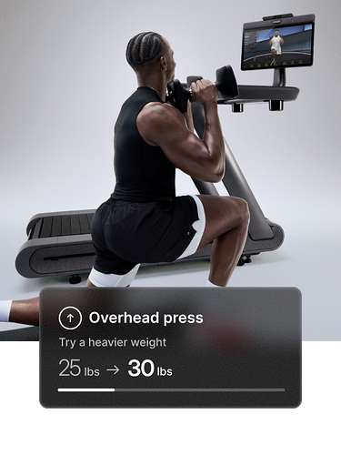 A man performs a lunge with dumbbells in front of a Peloton Row+. Overlay suggests “Try a heavier weight — 15 lbs → 20 lbs.”