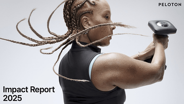 Cover page of Peloton’s 2025 Impact Report featuring a Peloton member working out with a Peloton Dumbell and the text “Impact Report 2025”
