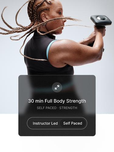 Close-up of a woman lifting a dumbbell in both hands. Overlay shows “30 min Full Body Strength,” with options for Instructor Led or Self-Paced.