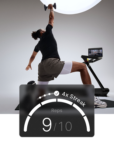 A man is kneeling on a mat with one arm extended overhead, holding a dumbbell, beside a Peloton Tread+. Overlay shows “Reps 5/6.”