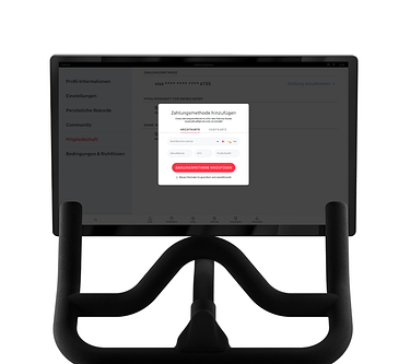 Peloton Bike-Bildschirm mit Pop-up-Fenster für die Kreditkartenzahlung. 