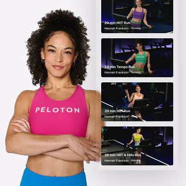 Smiling man in a navy Peloton t-shirt and blue shorts standing next to class thumbnails featuring Matt Wilpers.
