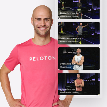 Smiling man in a navy Peloton t-shirt and blue shorts standing next to class thumbnails featuring Matt Wilpers.