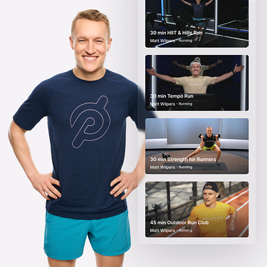 Smiling man in a navy Peloton t-shirt and blue shorts standing next to class thumbnails featuring Matt Wilpers.