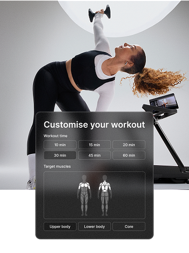 A woman in black and white workout gear raises a dumbbell overhead beside a Peloton Tread+. The overlay panel displays My Workout — 15 min Strength with Dumbbells, highlighting the target muscles in the shoulders and back.