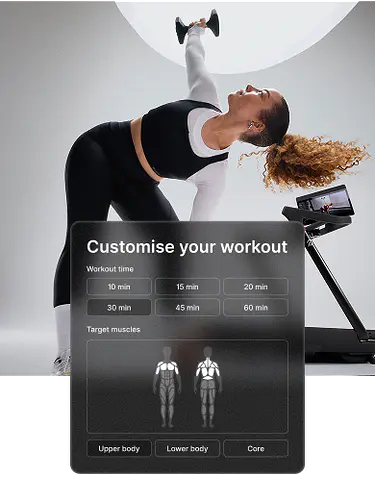 A woman in black and white workout gear raises a dumbbell overhead beside a Peloton Tread+. The overlay panel displays My Workout — 15 min Strength with Dumbbells, highlighting the target muscles in the shoulders and back.