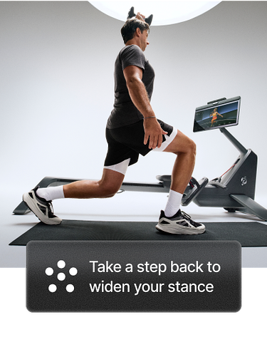 A man is in mid-lunge on a mat next to a Peloton Tread+. Overlay reads “Keep your back straight.”