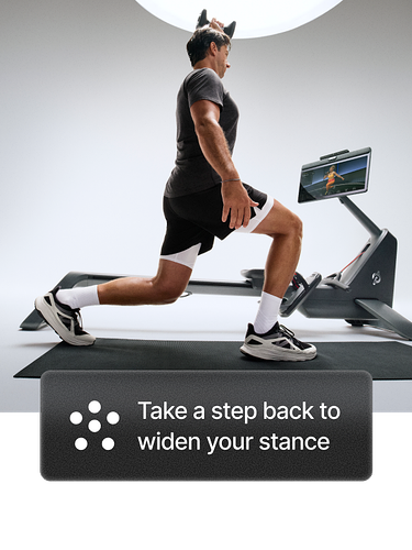 A man is in mid-lunge on a mat next to a Peloton Tread+. Overlay reads “Keep your back straight.”