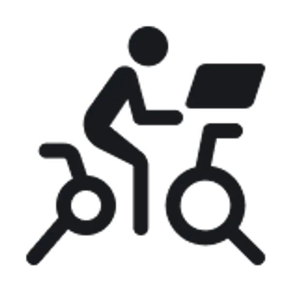 Icon of a person riding a stationary bike with a screen.