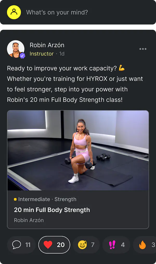 Feed post from Robin Arzon that reads "Ready to improve your work capacity? 💪 Whether you're training for HYROX or just want to feel stronger, step into your power with Robin's 20 min Full Body Strength class!"