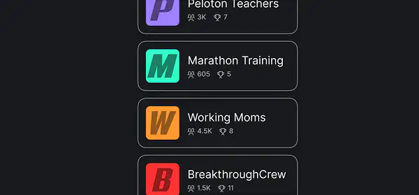Interface showing Peloton community tags: Peloton Teachers, Marathon Training, Working Moms, and BreakthroughCrew with member counts.