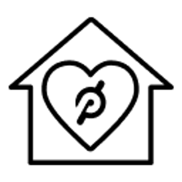 Outline of house with heart and Peloton logo inside
