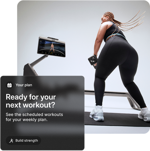 A woman is holding dumbbells on a mat beside a Peloton Tread. Overlay panel reads: Your Plan — Ready to get after it this week? See the scheduled workouts for your weekly plan. Picked especially for you.