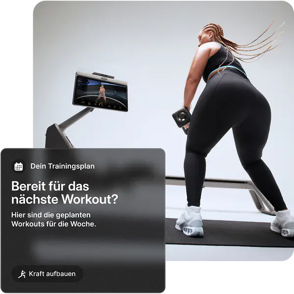 A woman is holding dumbbells on a mat beside a Peloton Tread. Overlay panel reads: Your Plan — Ready to get after it this week? See the scheduled workouts for your weekly plan. Picked especially for you.