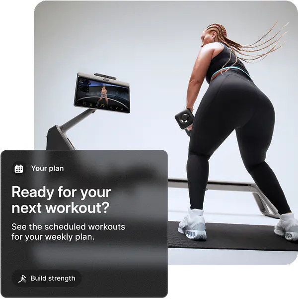 A woman is holding dumbbells on a mat beside a Peloton Tread. Overlay panel reads: Your Plan — Ready to get after it this week? See the scheduled workouts for your weekly plan. Picked especially for you.