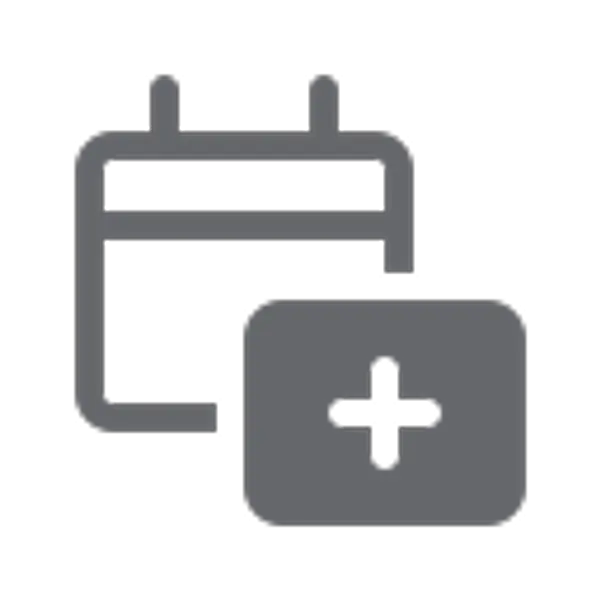 Outline icon of a calendar with a plus sign on a card.