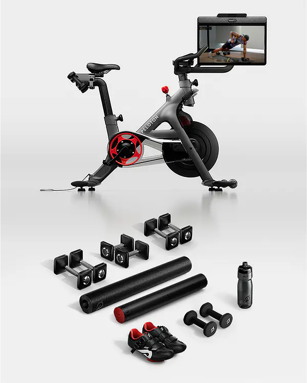 Peloton Bike+, bike mat, cycling shoes, yoga mat, 3 sets of dumbbells and water bottle