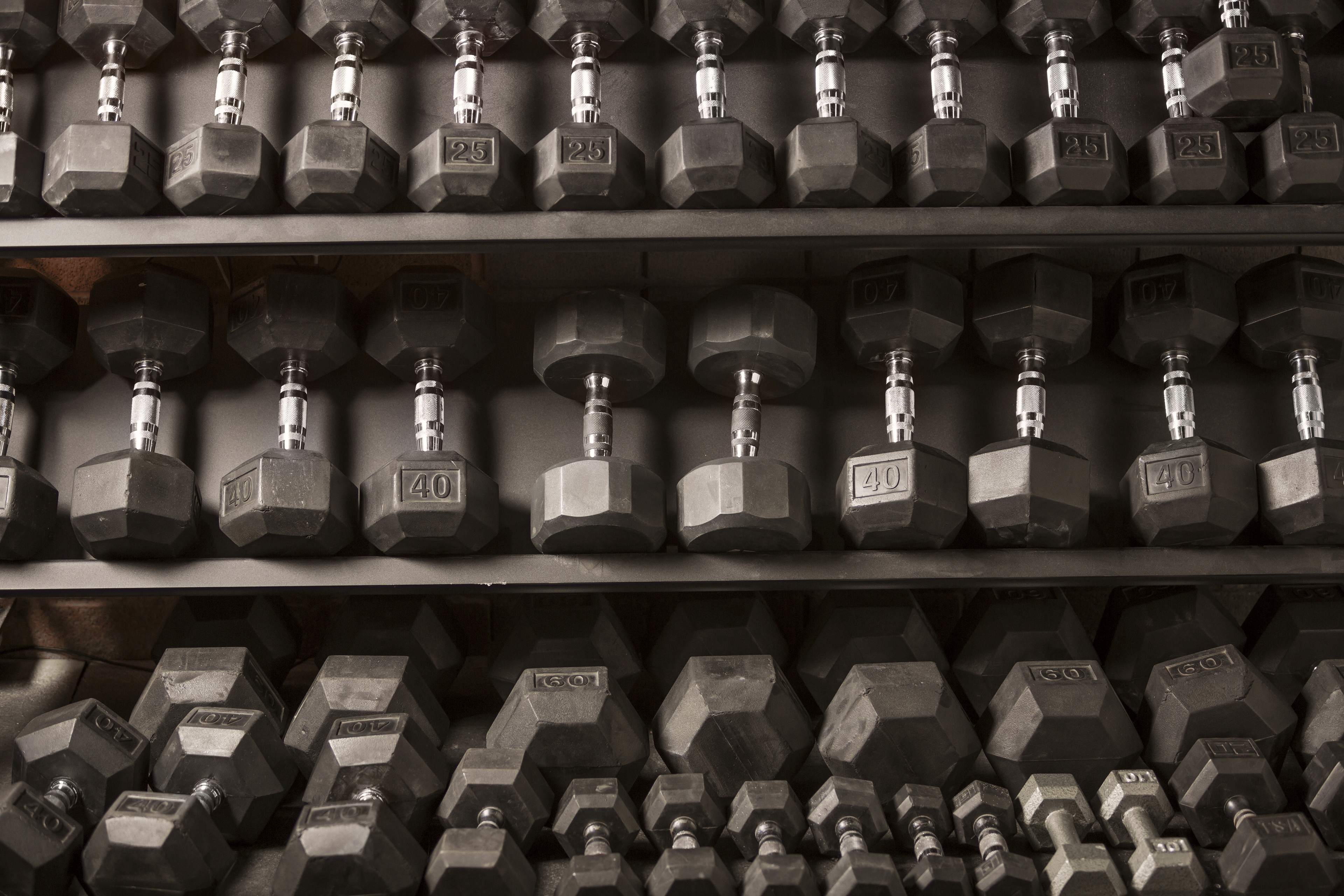 weights racked in a gym