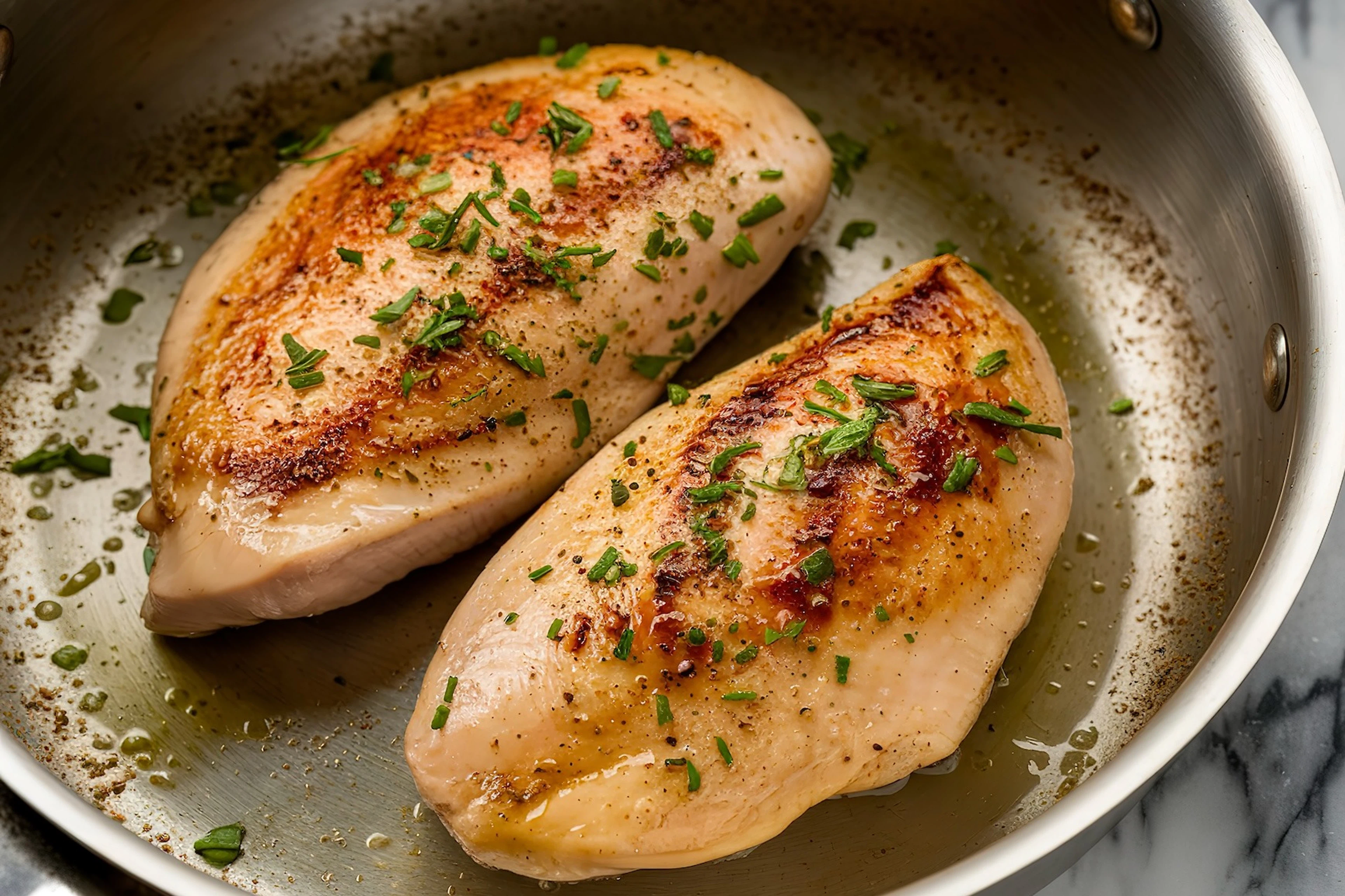 Two cooked golden-brown chicken breasts in a pan with chive garnish.