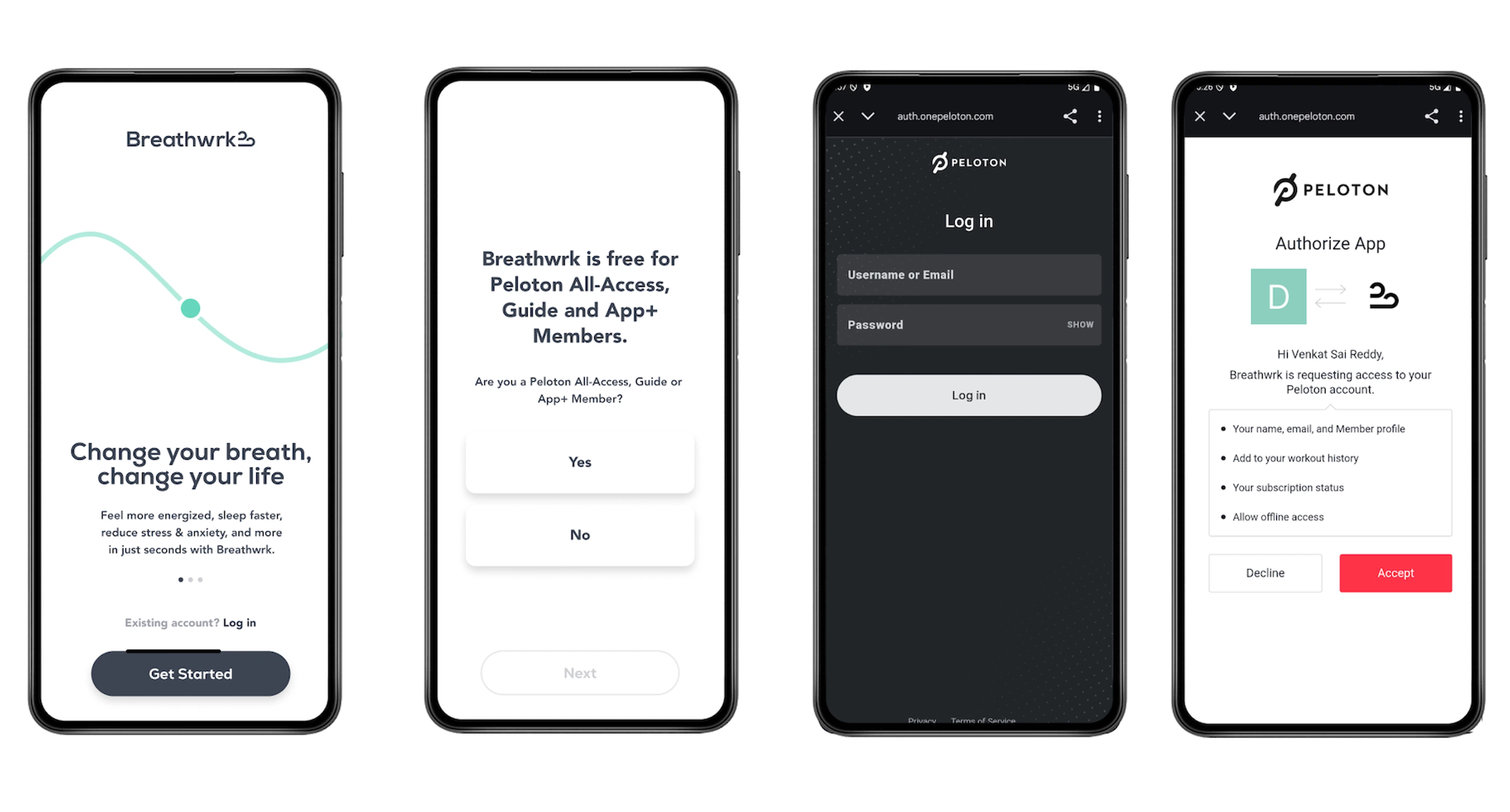 Four phone screens showing the Breathwrk onboarding process on an Android for Peloton members.