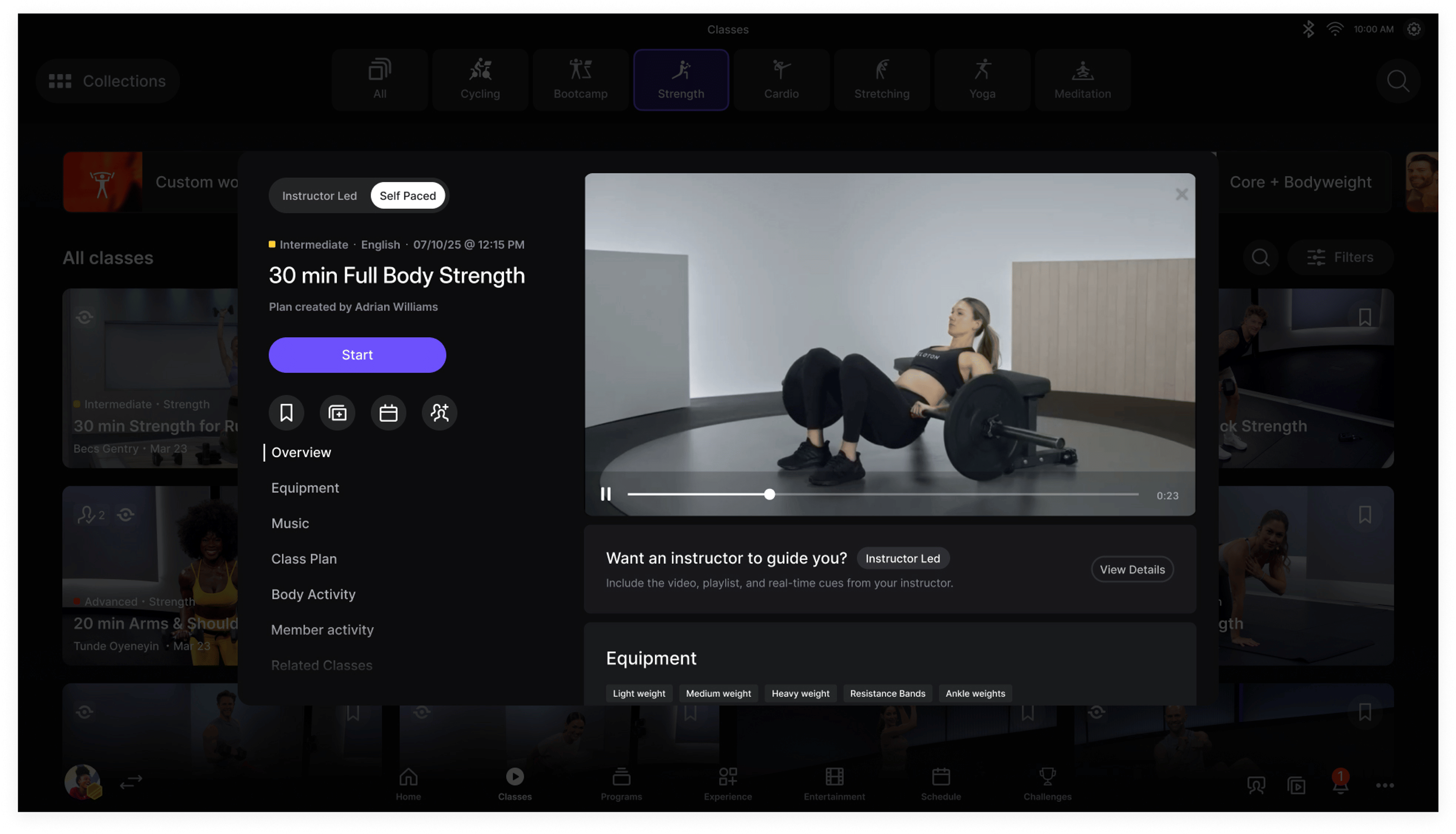 A screen image of the Self-Paced Instructor Workouts strength feature on the Peloton Cross Training Bike+, Tread+, and Row+.