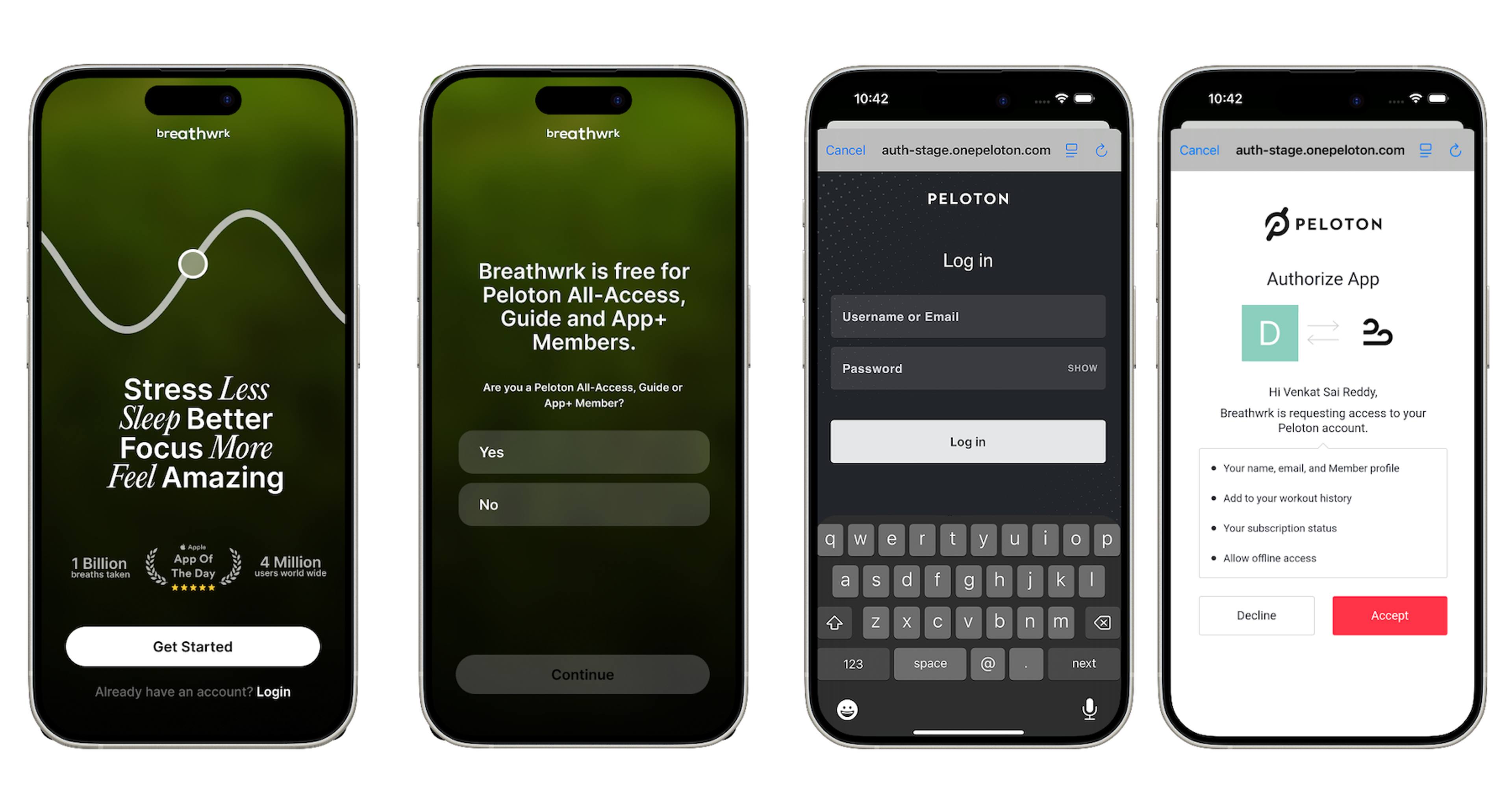 Four phone screens showing the Breathwrk onboarding process on iOS for Peloton members.