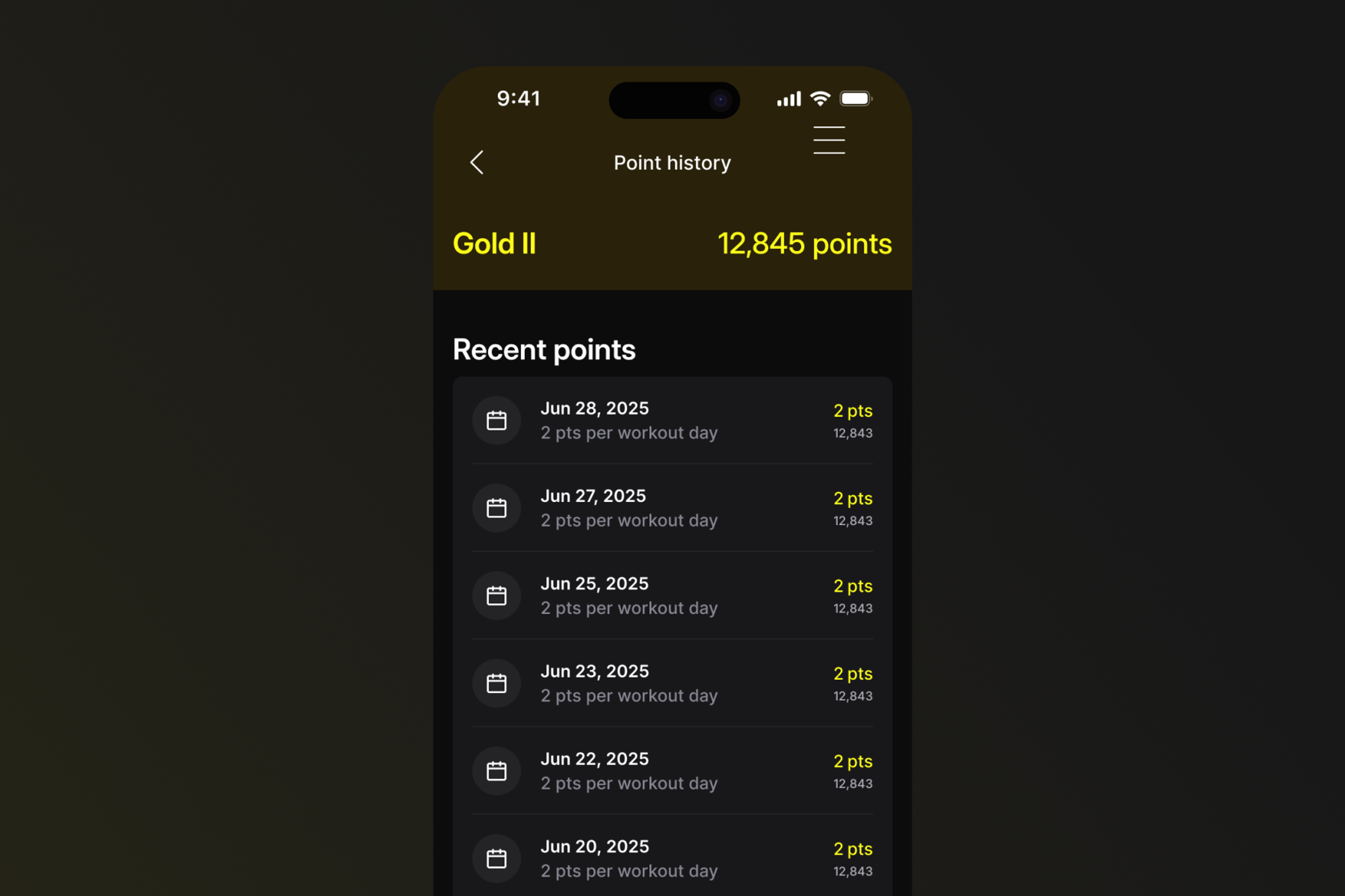 A phone screen showing a Club Peloton points history log. The Member has received points for workout days and has a Gold II level.