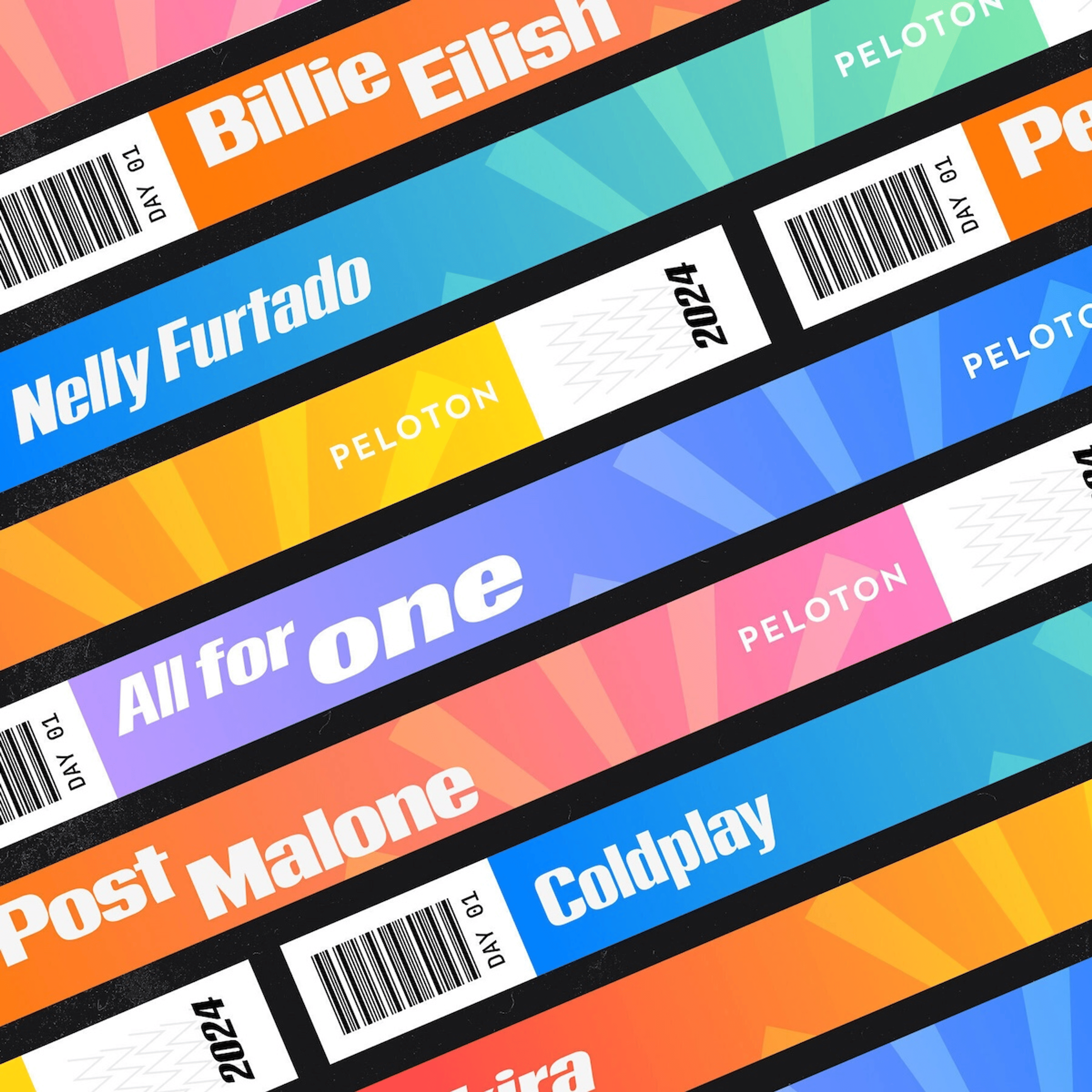 Peloton All for One "wristbands" that say Billie Eilish, Nelly Furtado, Post Malone, and Coldplay.
