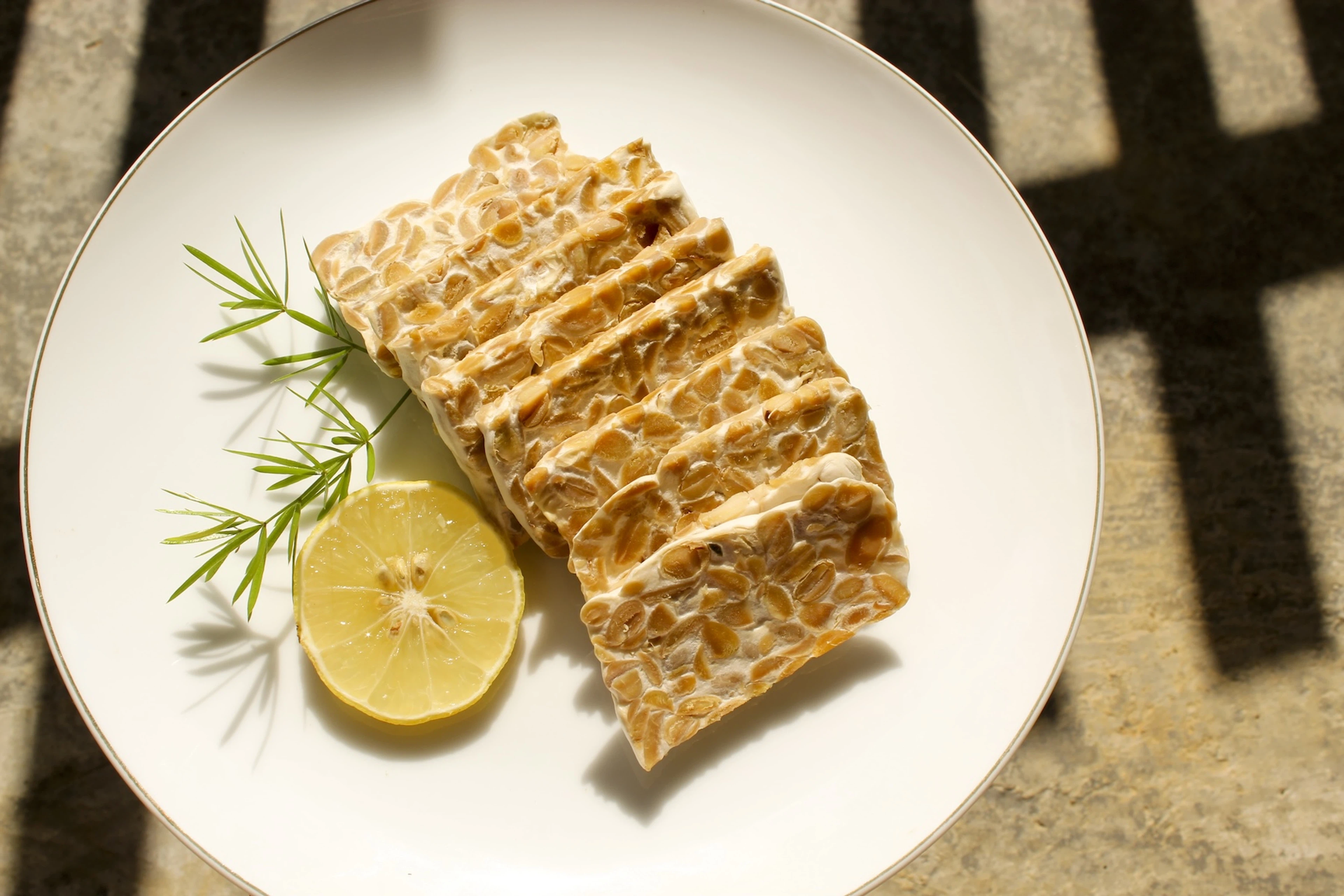 Slices of tempeh, a non-meat protein source, on a plate.