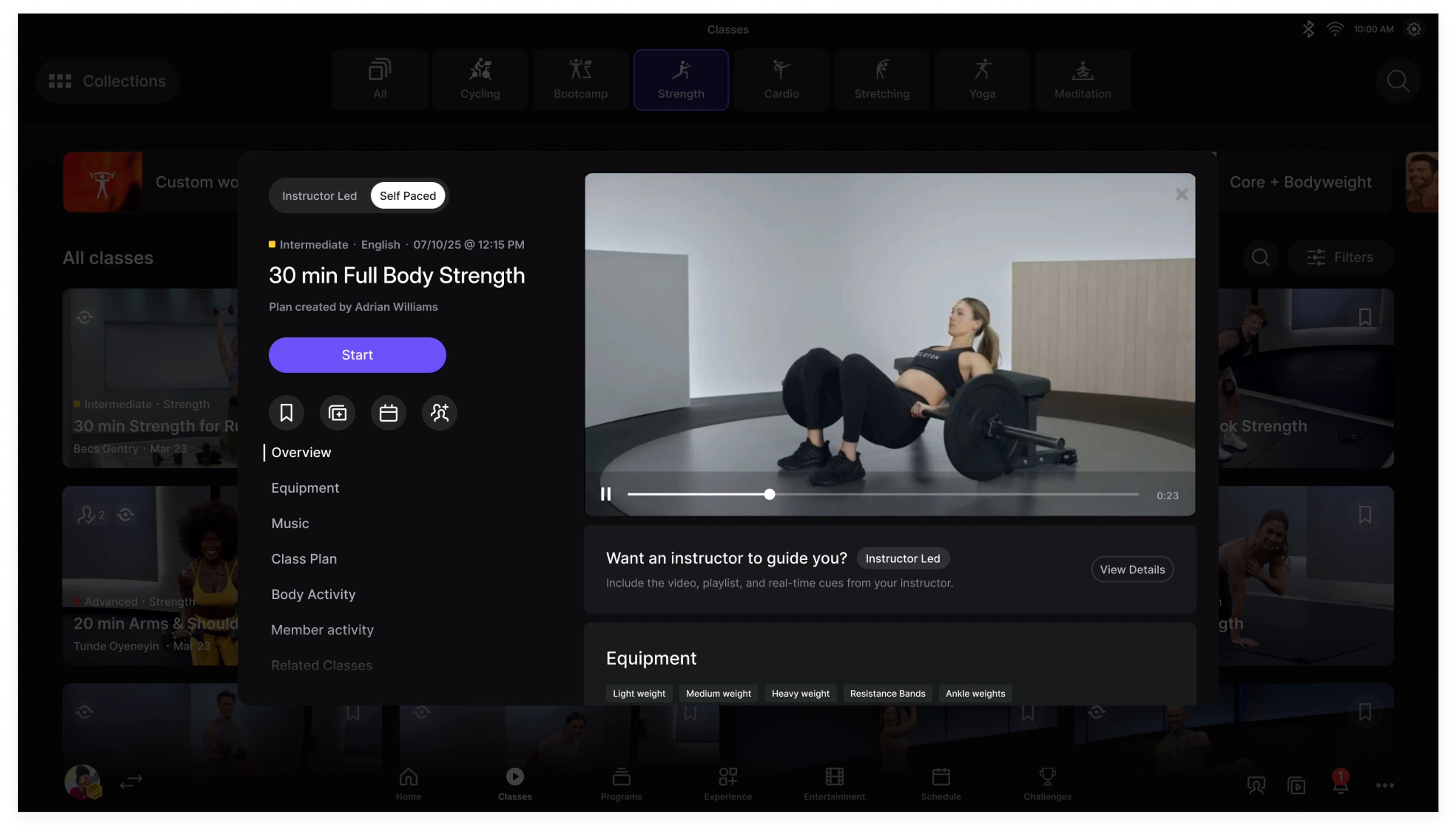 A screen image of Peloton's Self-Paced Strength workouts powered by Peloton IQ.