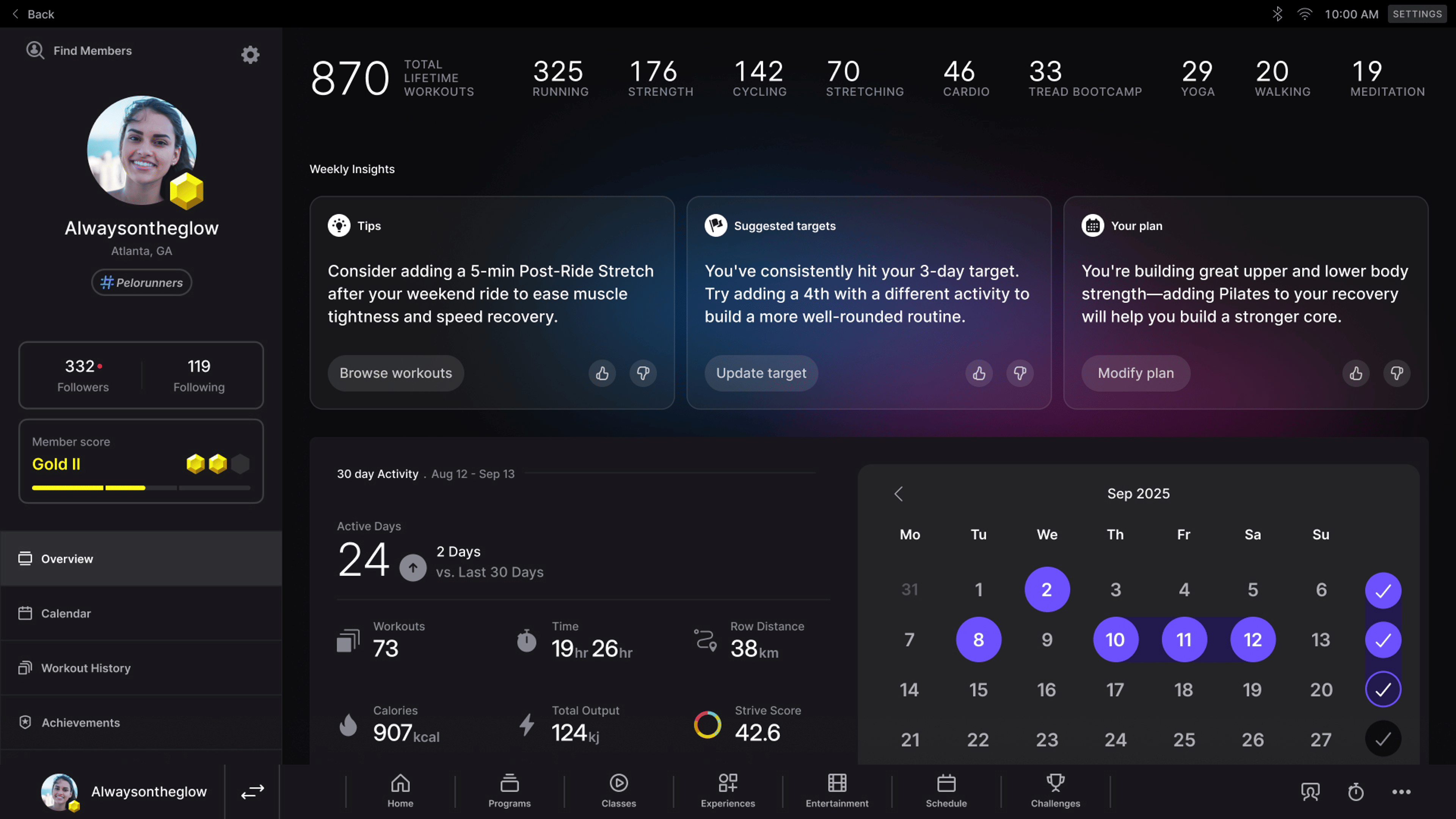A screen image showing Peloton's weekly insights and analysis powered by Peloton IQ.