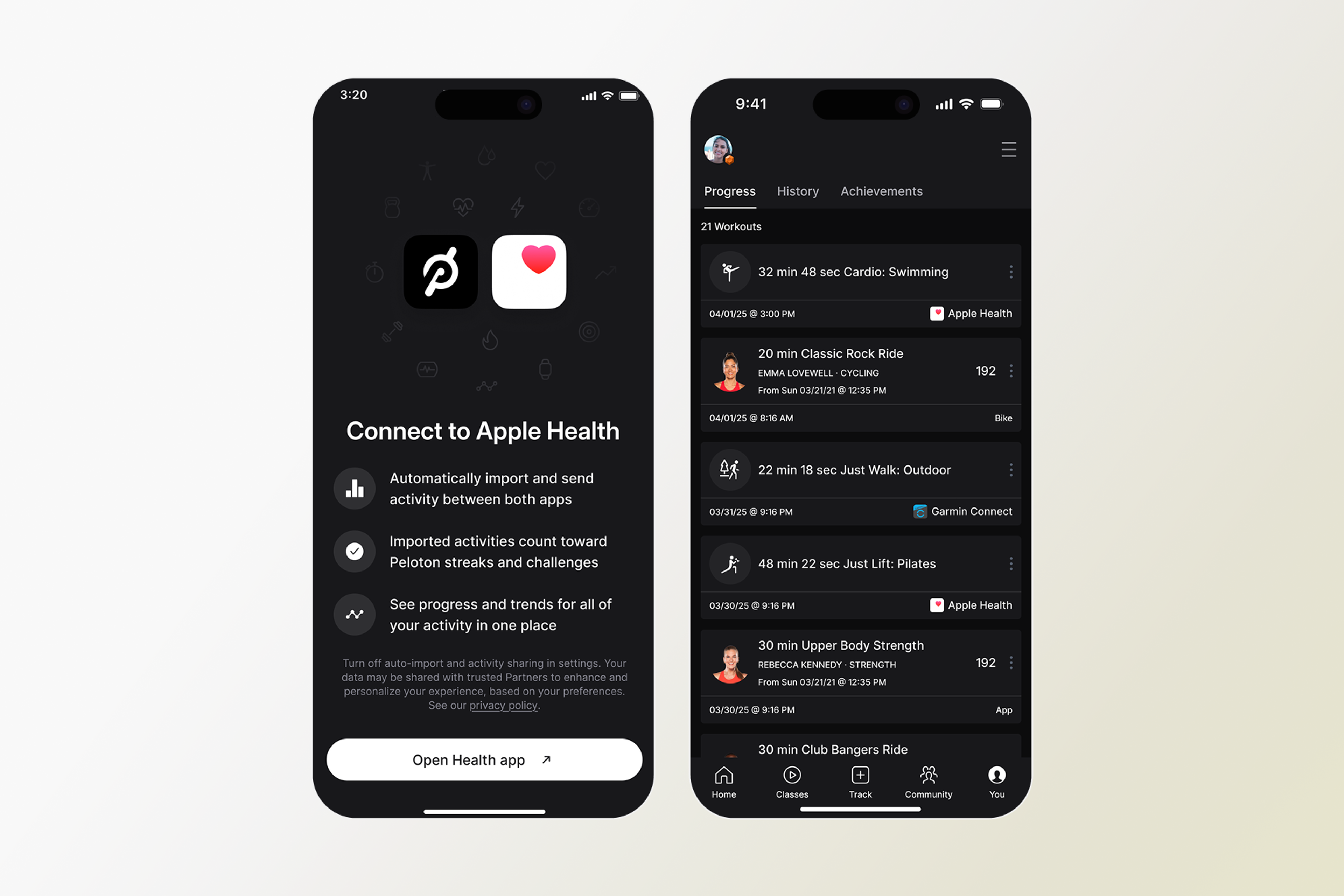 Phone screen shows how to integrate your fitness apps and wearables with Peloton