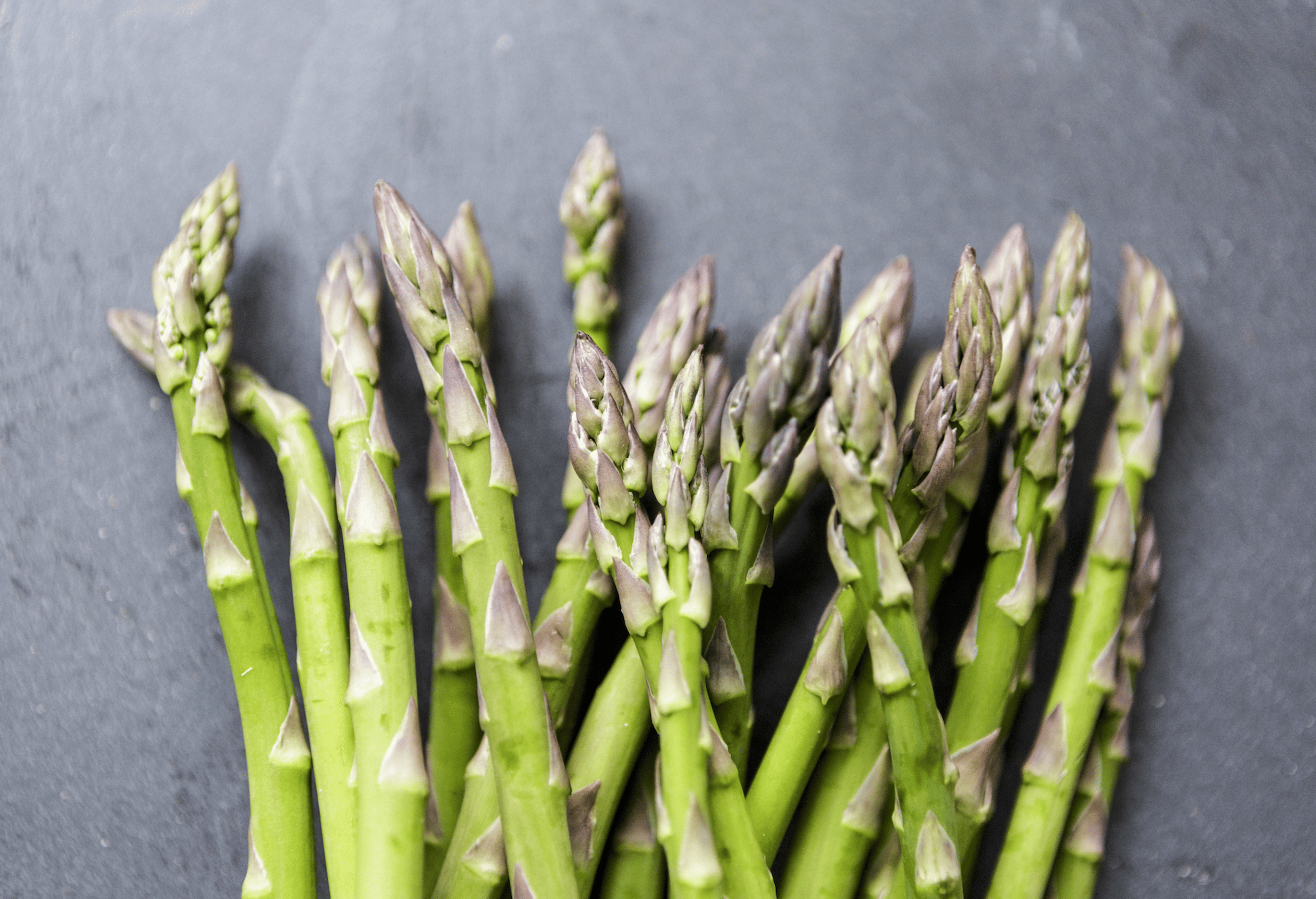 A head of asparagus laying against a dark background. Asparagus and other prebiotic foods are great foods for gut health.