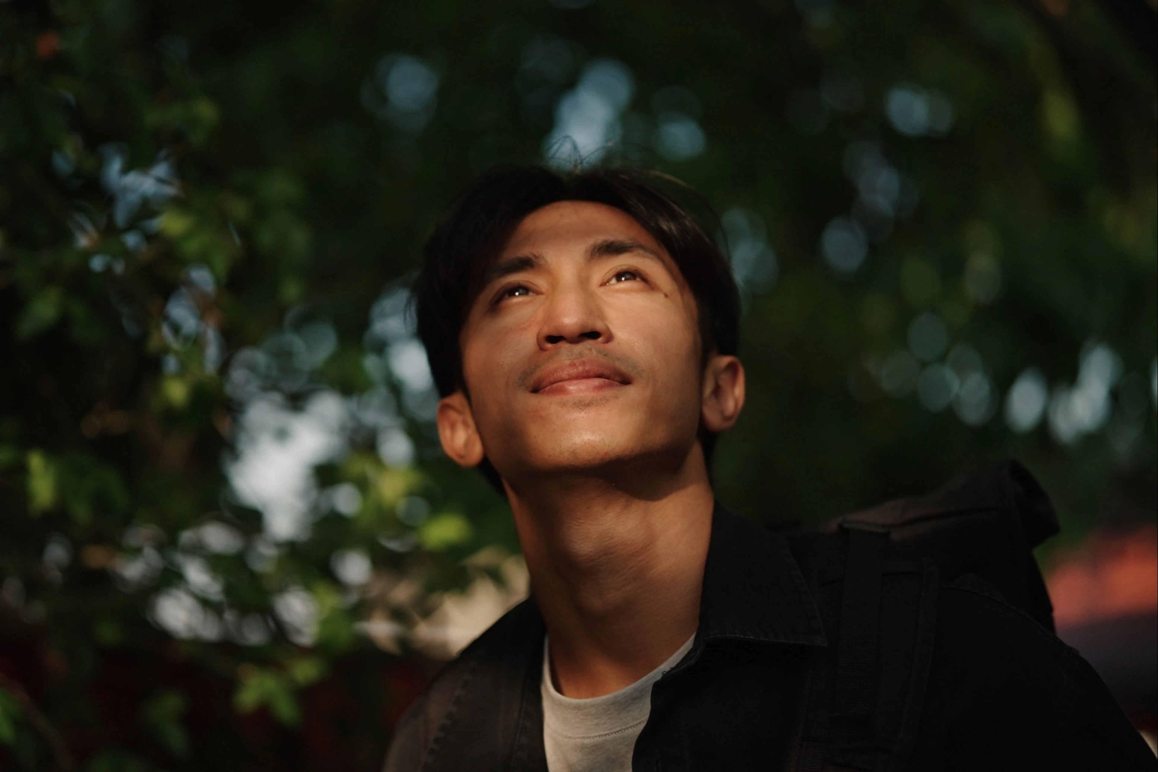 A man going for a nature walk as a mental health activity. He's looking up towards the sky.