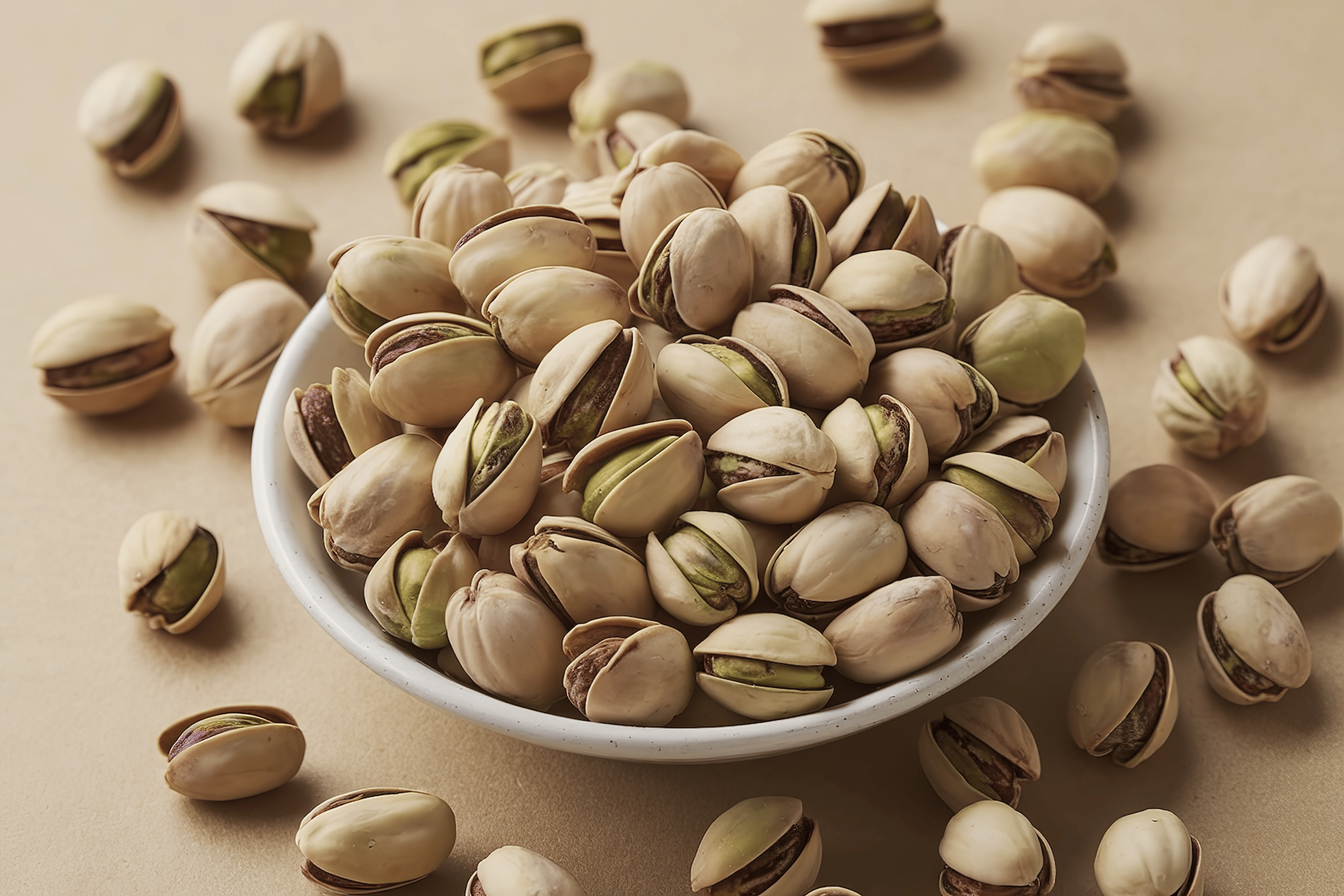 A bowl of pistachios in the shell, which are a non-meat protein source.