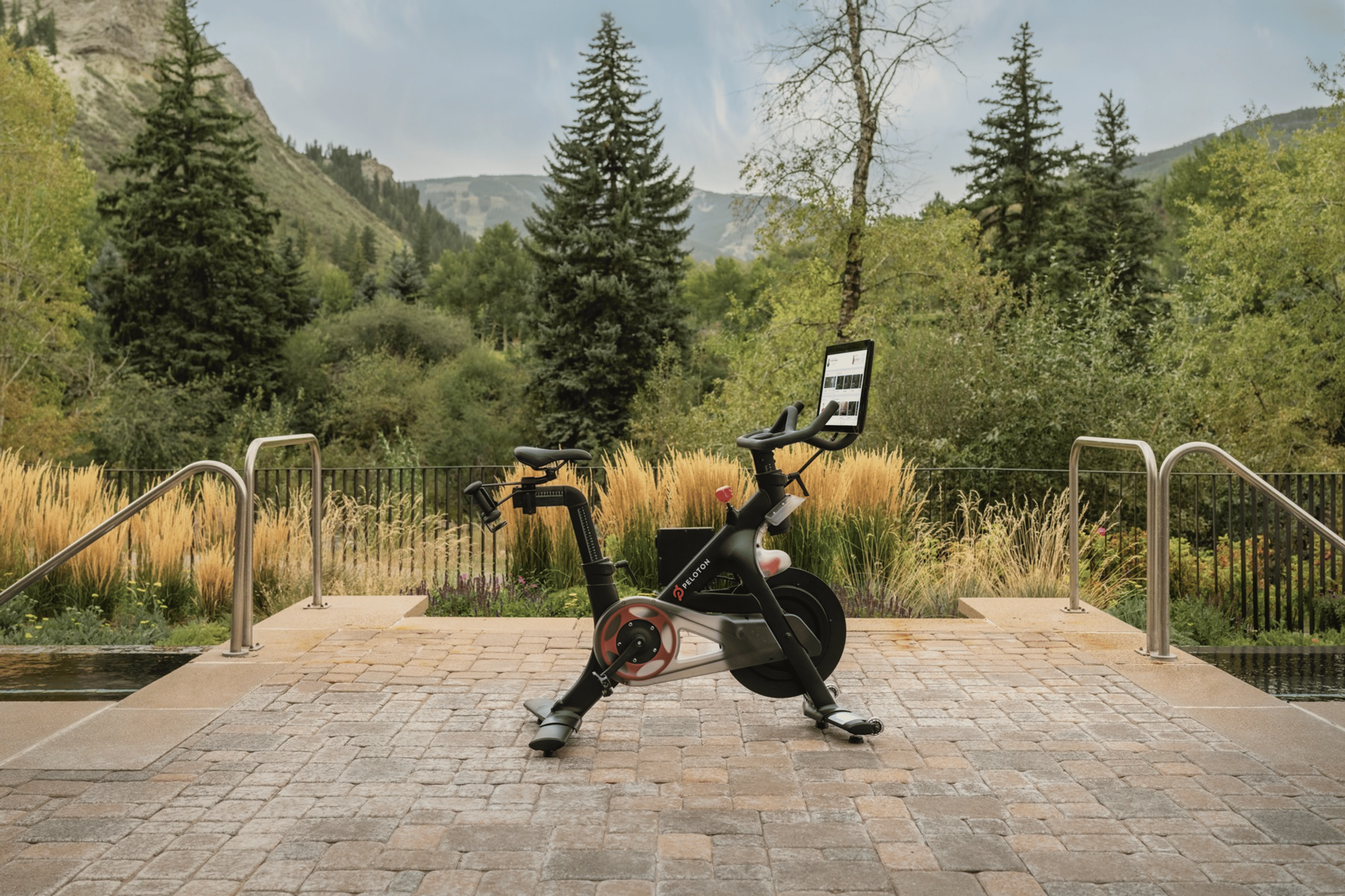 A Peloton Bike on a hotel patio at The Westin Riverfront Resort & Spa